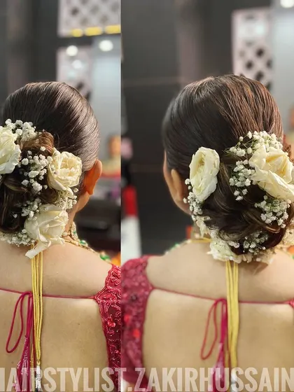 A collage showing the white rose bun from two different angles, highlighting its fullness and intricate design.