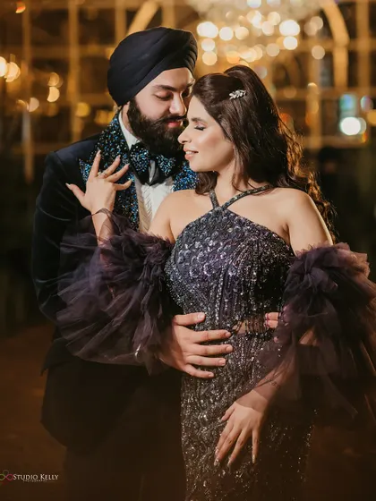 An intimate portrait of a Sikh couple, capturing their chemistry and the glamour of their reception.