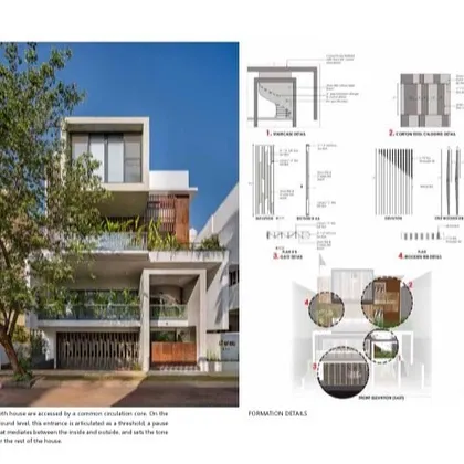 Architectural details and formation diagrams of 'Belaku' from a feature in an Indian architects' publication.