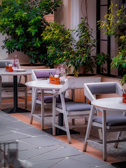 Our outdoor seating area offers a clean, modern aesthetic surrounded by lush plants. It's a calm oasis perfect for guests to mingle and enjoy the fresh air.