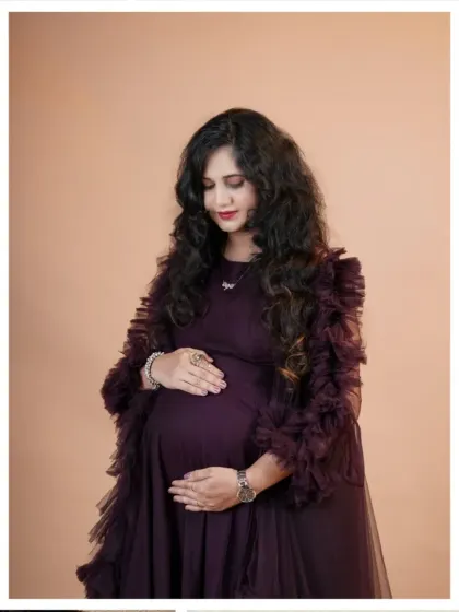 A collage showcasing a mother-to-be in a beautiful ruffled gown during her studio maternity shoot. This format gives a quick glimpse of different poses from the same session.