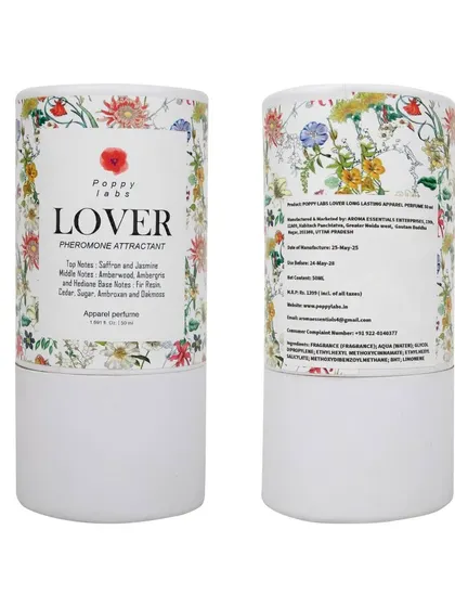 Front and back views of the 'Lover' perfume packaging, isolated on white.