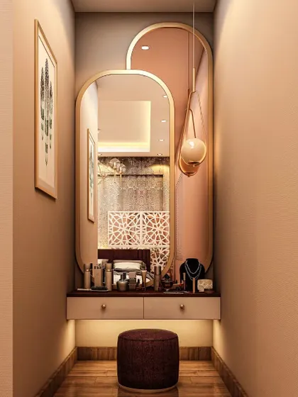 This narrow space is transformed into a stylish dressing nook. The layered arched mirrors and a single pendant light create an illusion of depth, while the floating vanity keeps the floor clear.