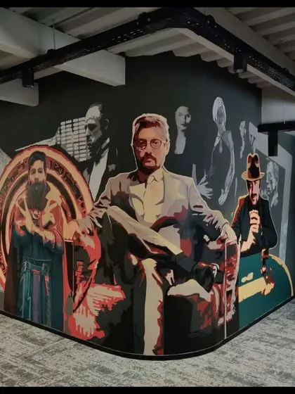 A full view of 'The Bosses' mural wrapping around a corner, creating an immersive, cinematic feel in the office.