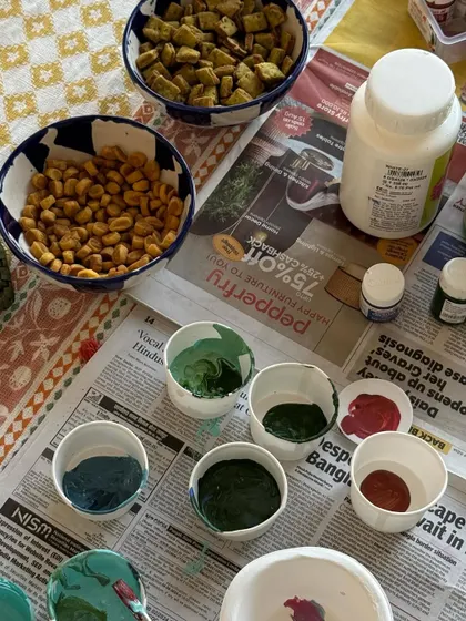 A close-up of the paints I mixed for a tropical-themed mural. I love playing with different shades of green.