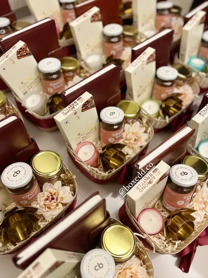 A different perspective of the heart-shaped Diwali baskets, showing the consistency and care we put into assembling each and every hamper.