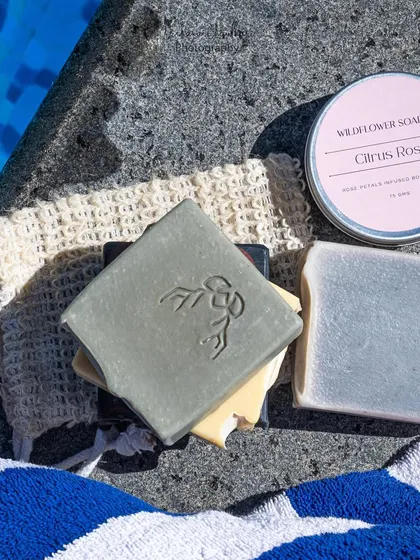 A slightly different arrangement of handmade soaps and body butter by the pool. This shows how I provide clients with a variety of angles and compositions from a single shoot.