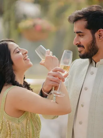 A playful and happy moment as the couple toasts with champagne. Their laughter and joy are infectious in this candid shot from their roka ceremony.