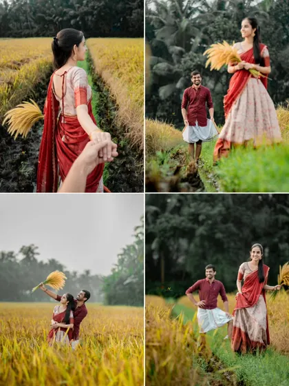 A collage capturing the beauty of a pre-wedding shoot in a golden paddy field, including a romantic "follow me to" shot.