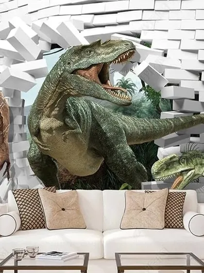 A thrilling 3D wallpaper for dinosaur lovers, showing multiple dinosaurs breaking through a brick wall. This design adds action and excitement to any room.