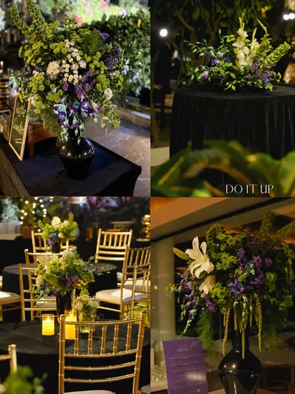 A collage of the floral details from the Rishikesh sangeet. The arrangements featured a mix of white, green, and purple flowers in modern black vases, creating a chic and contemporary look.