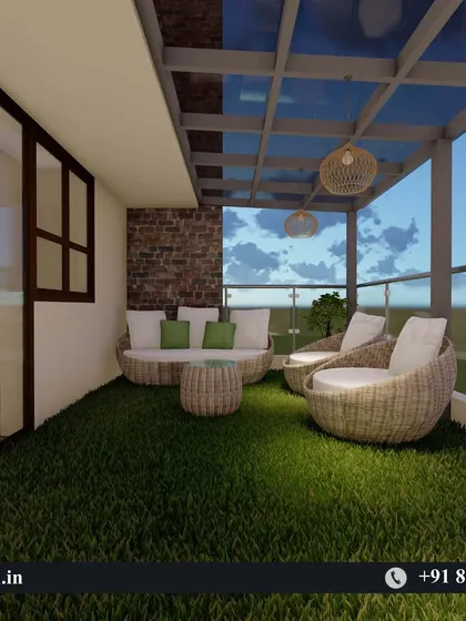 A render of a beautiful balcony retreat with a glass roof pergola, wicker furniture, and artificial grass flooring.