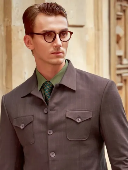 A close-up from the Only Vimal campaign, focusing on the details. The combination of the textured suit fabric, the green shirt, and the patterned tie creates a layered and sophisticated menswear look.