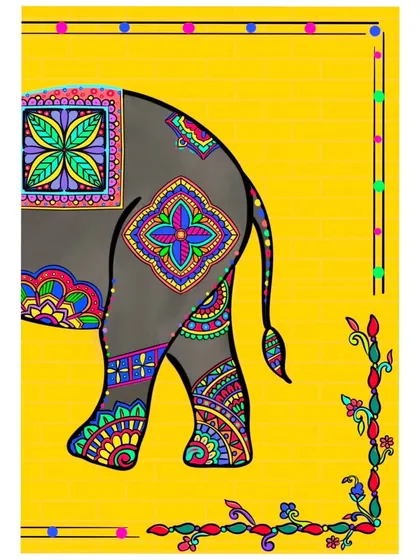 Another vertical composition showing the back half of the elephant, framed with a decorative border.