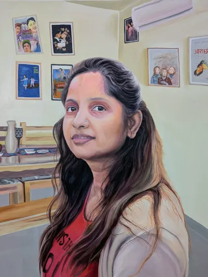 This is the full view of the finished 36"x42" acrylic portrait. You can see how the subject is the focus, with the background elements painted to create a sense of place and personality.