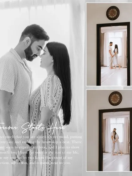 A beautiful collage from an at-home style shoot, blending an intimate black and white portrait with shots of the couple in a doorway.