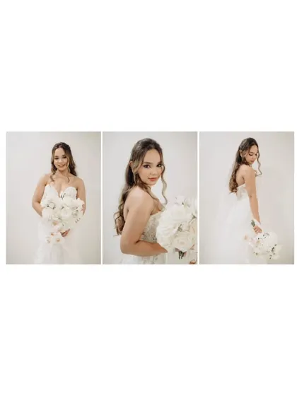 A triptych of elegant bridal portraits. The bride's classic beauty and the simple, clean background create a series of timeless and sophisticated images.
