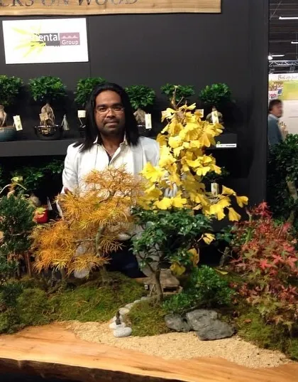 At a bonsai exhibition in the Netherlands. This miniature landscape on a wooden slab, complete with tiny trees and moss, showcases the incredible art and patience of bonsai cultivation.
