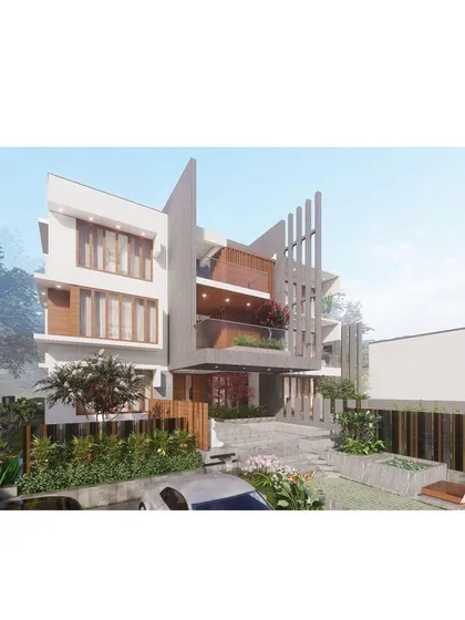 Another angle of the villa concept, showing how the architectural forms create sheltered balconies and terraces. The material palette includes concrete, wood, and glass for a contemporary feel.
