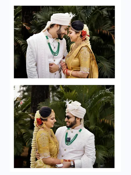 A diptych of a couple's outdoor portraits, capturing both a close up romantic moment and a smiling, happy interaction.