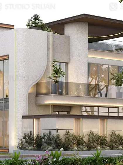 Another perspective of the Palam Vihar residence, highlighting the interplay between different materials and forms. The design combines textured white walls with smooth grey surfaces and a prominent overhanging roof.