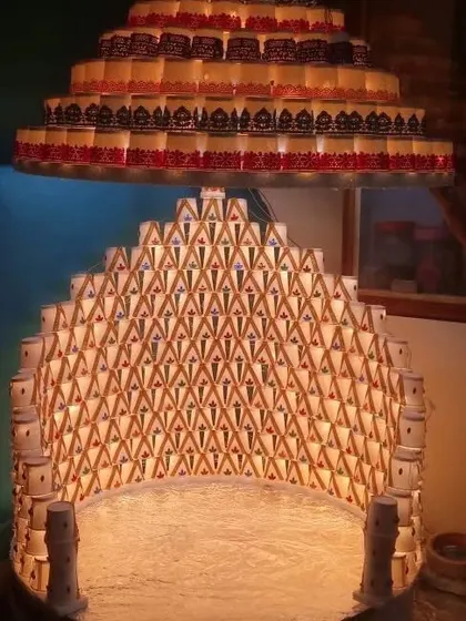 Creativity can come from simple things. This entire Ganpati mandap, shaped like a temple, was built using hundreds of paper cups. It’s a great example of how we can create something stunning and unique on a budget.