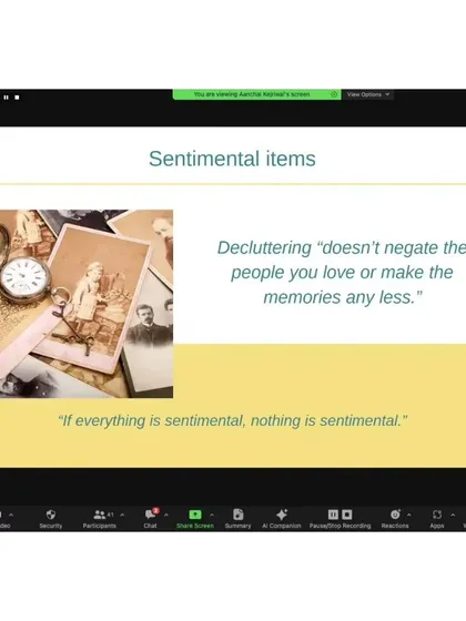 A slide from my presentation on decluttering sentimental items. I believe that letting go of things doesn't negate the memories, and if everything is sentimental, then nothing truly is.