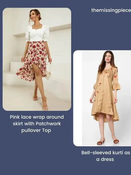 Two stylish summer looks: a pink lace wrap skirt with a simple white top for a feminine vibe, and a bell-sleeved kurti worn as a dress for an effortless, chic outfit.