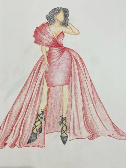 An illustration of a dramatic red gown with an overskirt. Sketching allows us to experiment with bold silhouettes and complex structures before moving to the practical stage.
