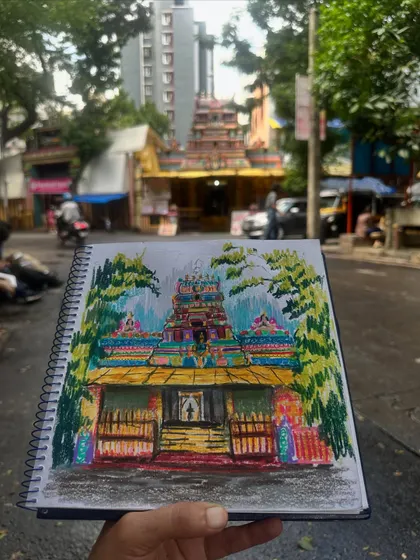 Another perspective of my sketch of the Ahobilam temple in Chembur. This view shows the temple framed by lush green trees, highlighting its place as an oasis in the city.
