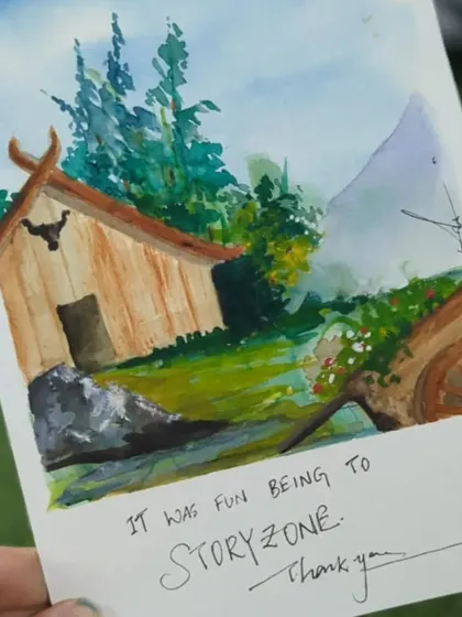 A beautiful watercolor painting left behind by a participant with a sweet note: "It was fun being to StoryZone. Thank you." This is why we do what we do!