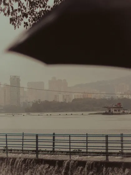 A view of Powai Lake from under an umbrella, creating a natural frame for the scene.