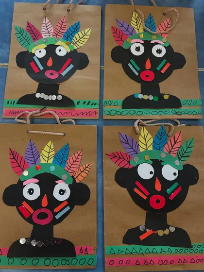 My 2nd graders made these amazing African tribal art-inspired collages on paper bags. It was a great way to learn about another culture while practicing their crafting skills.
