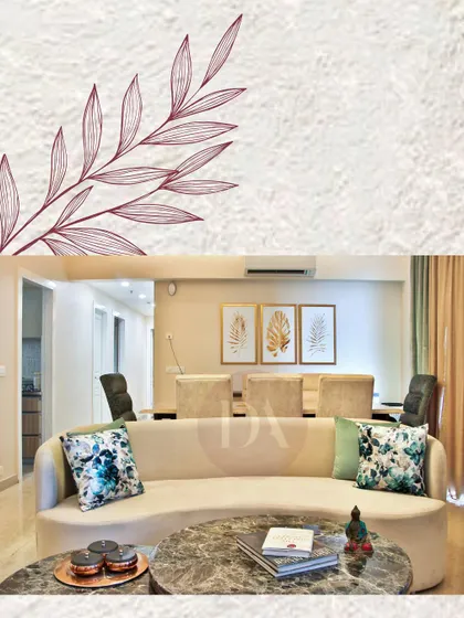 Another example of our process, showing a finished living room with a curved beige sofa. The sketch element in the corner reminds us that every beautiful space starts with a simple line on paper.