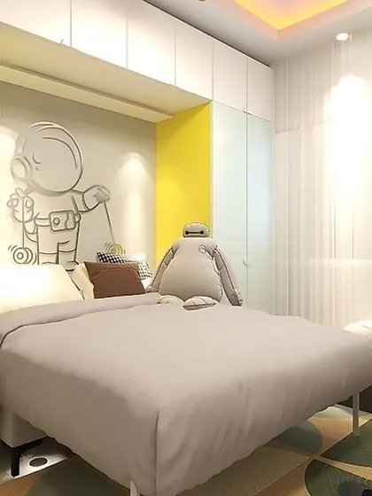 A minimal contemporary kids' room with a fun astronaut theme, featuring a bed nook with integrated lighting.