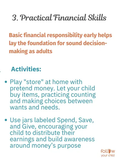 Life Skill: Practical Financial Skills. Playing "store" with pretend money or using "Spend, Save, Give" jars lays the foundation for financial responsibility.