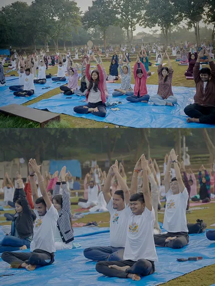 Participants practicing a yoga sequence together during a morning session. The combination of physical movement and mindful breathing prepares the body and mind for deeper states of meditation.
