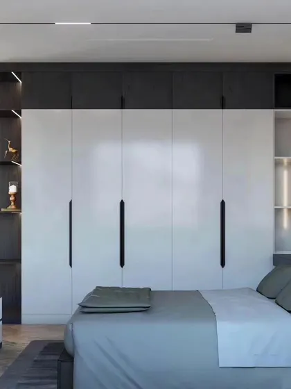 A duplicate of image 140, showing a 3D concept for a modern bedroom with a sleek two-tone wardrobe.
