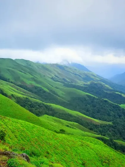 The vibrant green grasslands of Devaramane Betta, a stunning viewpoint we visit during our treks in the Chikmagalur region.