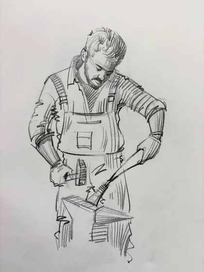 A sketch of a blacksmith at work, capturing a powerful and dynamic action.