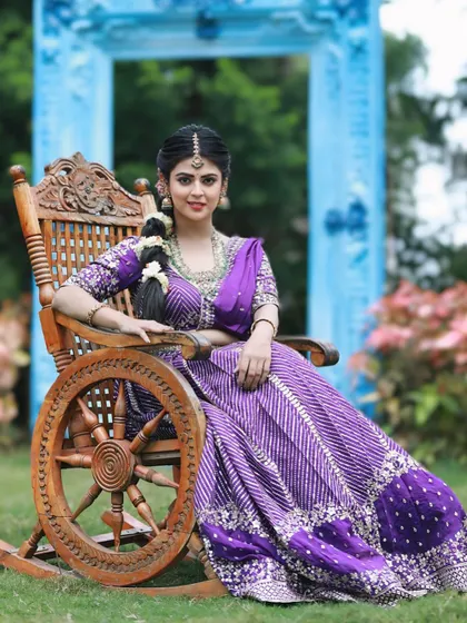 Actress Mansi Joshi celebrating Navratri in our stunning purple lehenga. The color represents spirituality and wisdom, perfect for the festival.