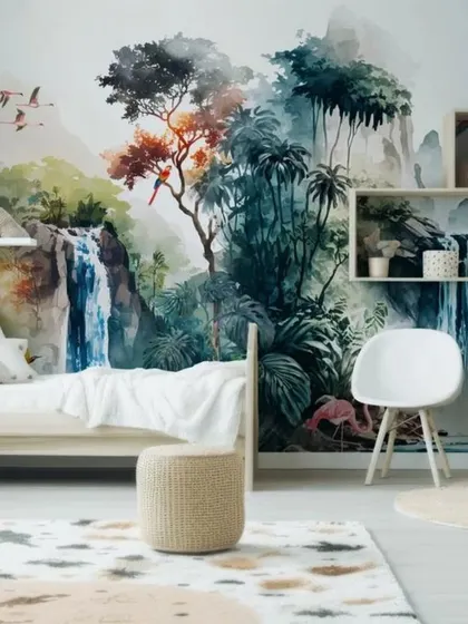 A breathtaking waterfall and jungle mural in a child's room, creating a magical and immersive landscape for play and sleep.