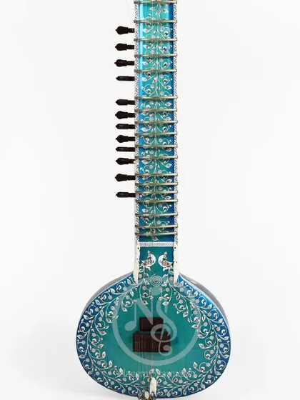 A front view of the blue rock sitar, a beautiful example of our custom design and color work.