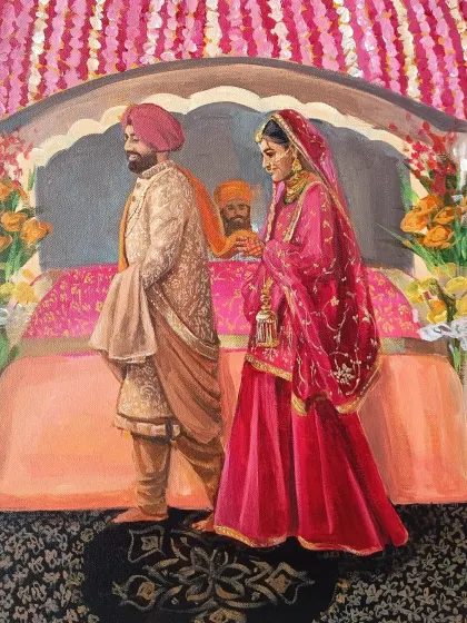 A detailed view of the finished painting from a live event in Ludhiana. This Anand Karaj ceremony was a beautiful moment to capture in acrylics.