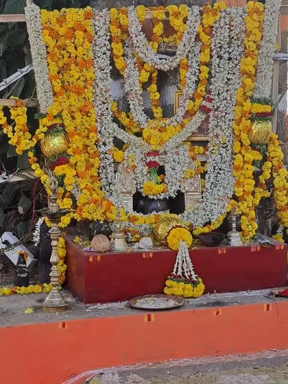 The deities, represented by swords and sticks under colorful umbrellas, being offered the specially prepared Raggi Rotis.