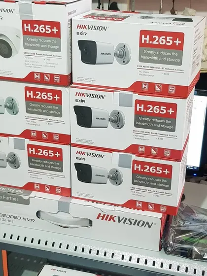 A full IP camera system ready for setup, including Hikvision EXIR bullet and turret cameras and an embedded NVR.