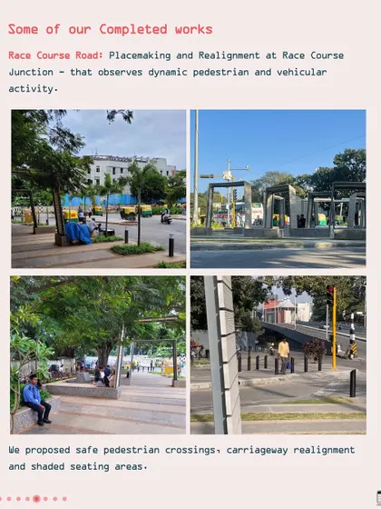 Photos of our completed work on Race Course Road, where we used placemaking and realignment to create safe pedestrian crossings and shaded seating areas at a dynamic junction.