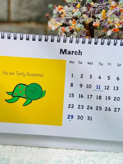 The March page from my 2021 calendar, featuring a "Turtly Awesome" doodle.