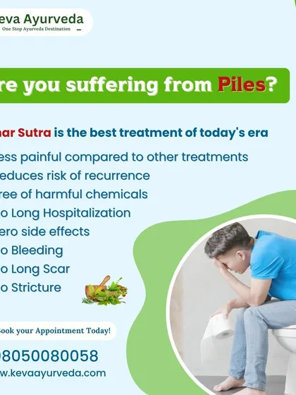 This graphic reiterates the benefits of Kshar Sutra treatment for piles. It is a safe and effective alternative to surgery, involving no long hospitalization, no scars, and no harmful chemicals.