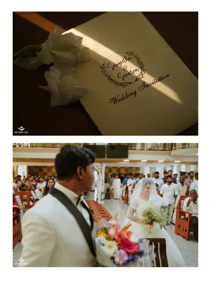 A collage capturing the key moments of a Christian wedding, from the wedding invitation to the bride walking down the aisle.